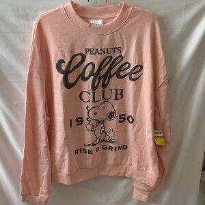 PEANUTS Snoopy & Woodstock Coffee Club Crewneck Sweater in Pink Sz LARGE
